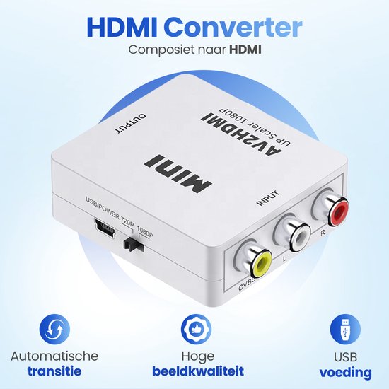 Garpex® Tulpen naar HDMI Converter – AV naar HDMI Adapter – Composiet naar HDMI – Wii naar HDMI – 1080P Full HD – Inclusief USB-voedingskabel - Zwart