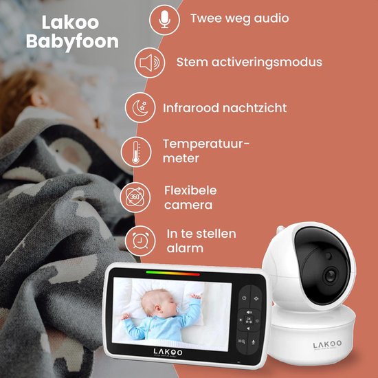 Lakoo PRO 5 Babyfoon - met Camera en Beeldscherm - 1080p Full HD - 5 inch monitor