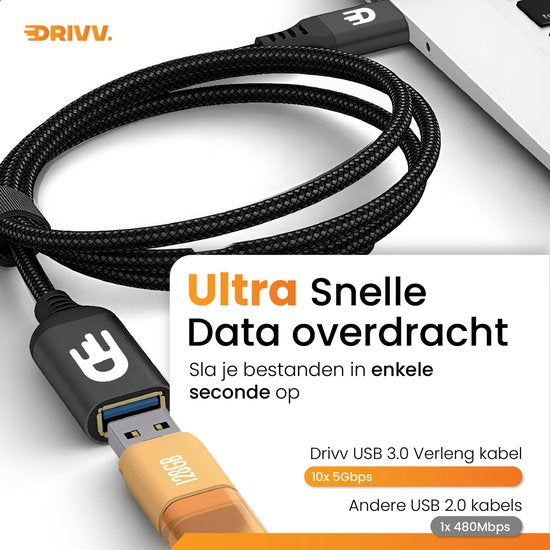 Drivv. Premium USB Verlengkabel 3.0 - Mannelijk naar Vrouwelijk - USB Datakabel - Snelle Overdracht - 5Gbps - Nylon - 1 Meter - Zwart