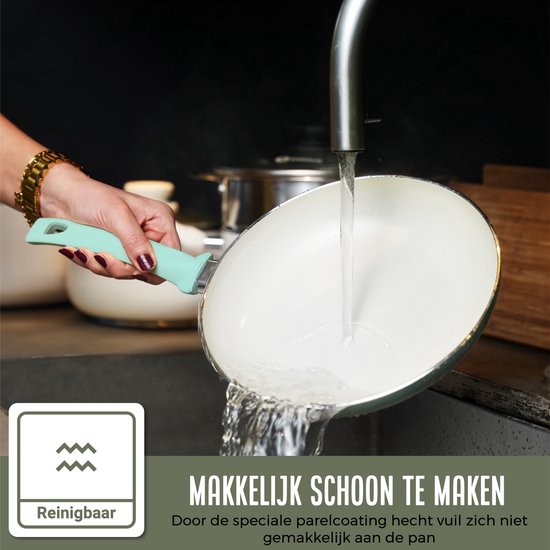 COOCK 19-Delige Pannenset Inductie - Speciale Anti-Aanbak Coating - Ergonomische Koudgrepen - Gerecycled Aluminium - koekenpannenset - kookpottenset - Turqoise (Groen) - Inclusief Onderzetters en E-book