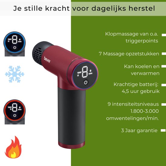 Beurer MG 195 HOT & COLD Limited Edition 25 Massage Gun - Verwarmt & koelt spieren - Incl. 7 opzetstukken - 9 Intensiteitsniveaus - Krachtige accu - Draadloos gebruik - 3 Jaar garantie - Bordeaux/zwart