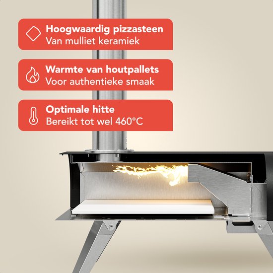 KitchenBrothers Pizza Oven - Houtgestookt - Tafelmodel - Inklapbaar - PFAS-vrij - Pizzasteen - tot 460°C - Pizza maker - Complete Set - Pizzaoven voor Buiten - Zwart/RVS