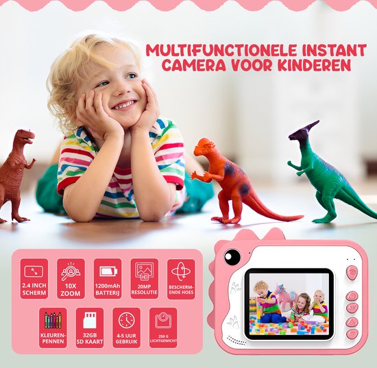 K&L® 3 IN 1 Digitale Kindercamera + Instant print + speelcamera - 32GB micro sd kaart - camera kinderen - Vlogcamera met games - Fototoestel voor Kinderen - Klein Formaat Speelgoed - Met videofunctie - Roze