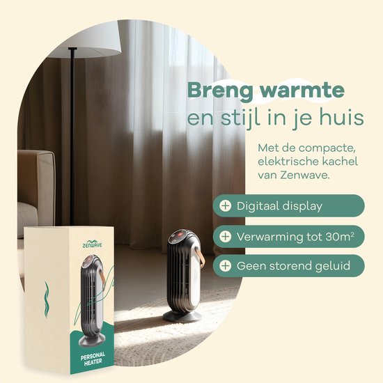 Zenwave Elektrische Kachel met Display - Compacte 1500W Ventilatorkachel - Heater met 2 Warmtestanden en 1 Ventilatorstand - Verwarming Electrisch voor Binnen en Buiten - Zwart