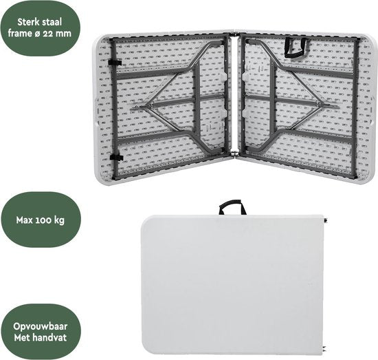 BRASQ Inklapbare Vouwtafel Wit - 180x70x74cm- Campingtafel - Klaptafel - Weerbestendig - Tafel met draaghandvat