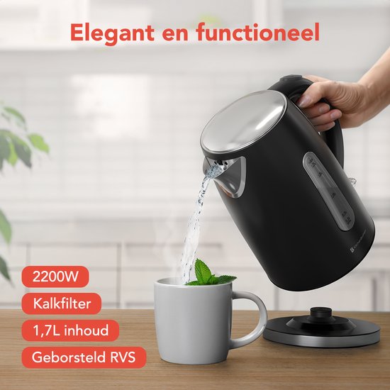 KitchenBrothers Waterkoker - Elektrisch - 1,7L - 2200W - RVS Waterkoker - Zwart