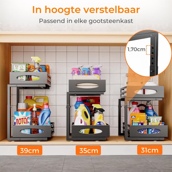 Posity Keukenkast Organizer - Gootsteenkast Organizer - Aanrecht Organizer - Opbergrek - Badkamer Organizer - Keukrenrek - Uitschuifbaar - Metaal - Zwart