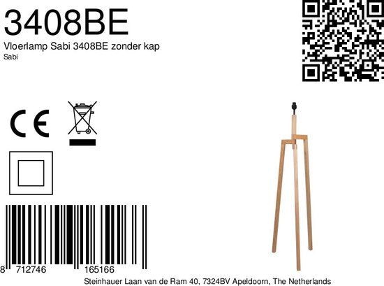 Vloerlamp Sabi 3408BE - Houten lamp zonder kap met E27 fitting, 144 cm hoog, in hoogte verstelbaar - Mexlite