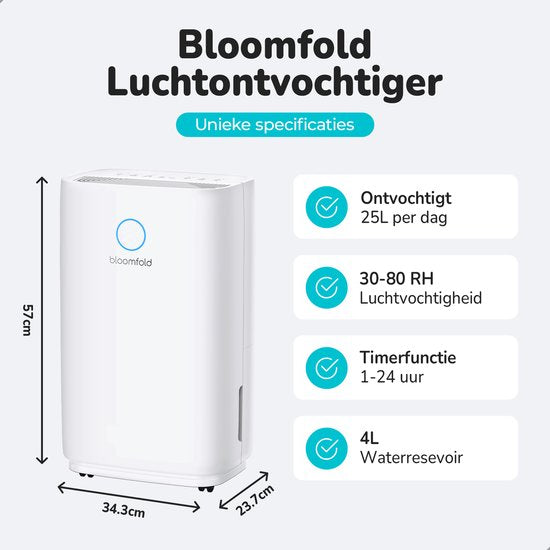Bloomfold Luchtontvochtiger - 25L per Dag - Incl. Was-droog Functie - Geschikt voor Woonkamer, Slaapkamer, Kelder & Badkamer - Dehumidifier - Wit