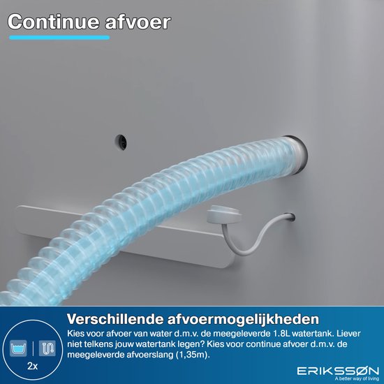 Erikssøn – Luchtontvochtiger Met Hygrometer – 16 l Per Dag & 140 m³ Per Uur – Voorzien Van Was-droog Functie En Kinderslot – Voor Slaapkamer En Kelder – Wit Pp En Abs