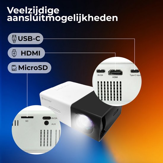 Denver Mini Beamer Full HD - Streamen vanaf je telefoon (USB-C) - Mini Projector - Incl. Afstandsbediening - HDMI/AUX/USB-C - PR800