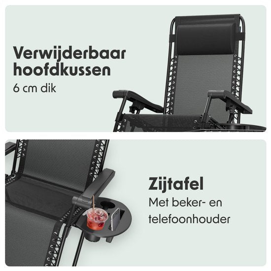 LifeGoods Ligstoelen - Opvouwbaar - Complete set - Met Bijzettafel - 30°-90° Verstelbaar - Tuinstoelen - Metaal - Zwart