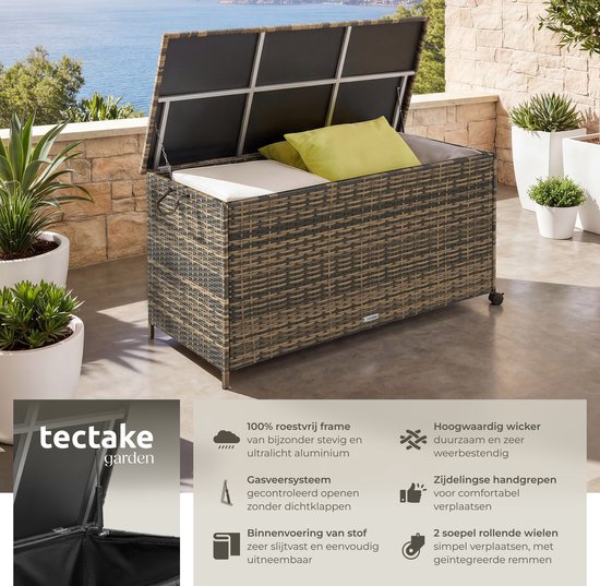 tectake® Wicker Opbergbox - 253 L - Kussenbox voor Buiten - Tuinbox - 116 x 54 x 64 cm - Weerbestendig en Afsluitbaar met Deksel - Verrijdbaar - Inclusief 2 Handgrepen, 2 Wielen met Rem en Gasveren - Tuinkist - Beige