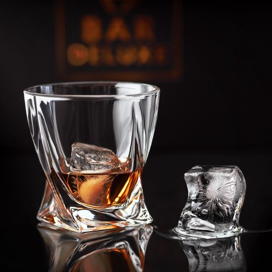 BarDeluxe® Whiskey Set - 4 Handgemaakte Kristallen Glazen 325 ml - Luxe Cadeauset met IJsblokjesvorm & Bewaardoos - Ideaal als Whisky Geschenk