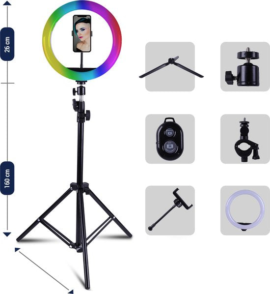 Magnify® 10" Ringlamp met Statief - 186cm Hoog - 2 Telefoonhouders - Bluetooth Shutter - TikTok - 99+ Kleuren - Inclusief Mini Statief