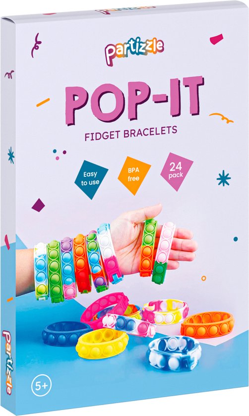 Partizzle 24x Fidget Toys Pop It Armbanden Pakket - Armbandjes Uitdeelcadeautjes - Grabbelton Traktatie Cadeautjes - Voor Kinderen & Peuters