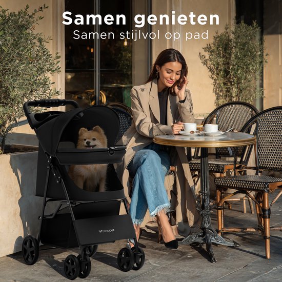TrevoPet® Inklapbare Hondenbuggy - Voor Kleine en Middelgrote Honden tot 15 kg - Wandelwagen met Bekerhouder & Grote Opbergmand - Zwart