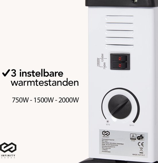 Infinity Goods Elektrische Convector Kachel - 750 / 1500 / 2000W - Verstelbare Thermostaat - Radiatorkachel - Oververhittingsbeveiliging - 35m² - Wit/Zwart