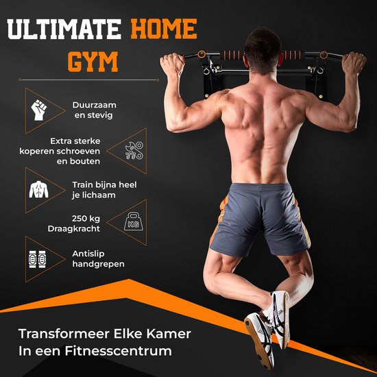 TTD® Premium Pull Up Bar – Wandmontage Dip Station – Tot 250KG – Home Workout – Zwart/Oranje