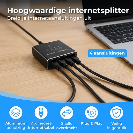Nuvance Internet Splitter - 4 Poorten - Netwerk Switch - tot 1000Mbps - Netwerk Splitter - RJ45 Cat5 Cat6 LAN UTP Ethernet