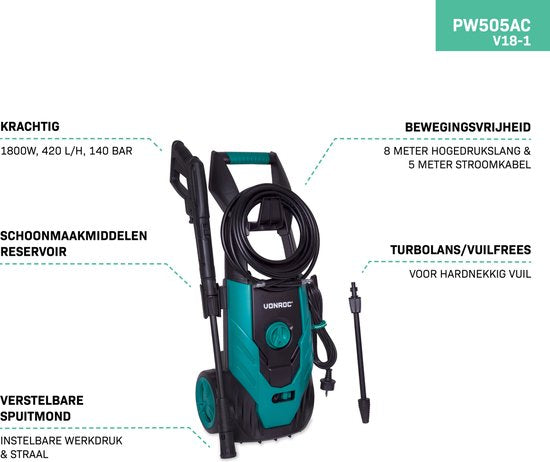 VONROC Hogedrukreiniger V18-1 1800W – 140 bar – 420 l/h – Incl. 8m slang, reinigingsmiddelen tank en meer