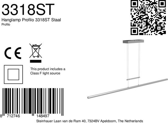 Hanglamp Profilo 3318ST van Steinhauer van staal, 150 cm breed, hoogte instelbaar van 110 tot 170 cm, 2100 lumen, modern design voor binnengebruik