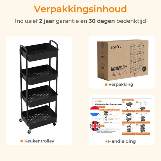 Posity Keukentrolley op wieltjes – Serveerwagen / Opbergtrolley / Keukenrek / Trolley Keuken – Verrijdbaar en Vast – 4 Lagen – Kunststof – Zwart