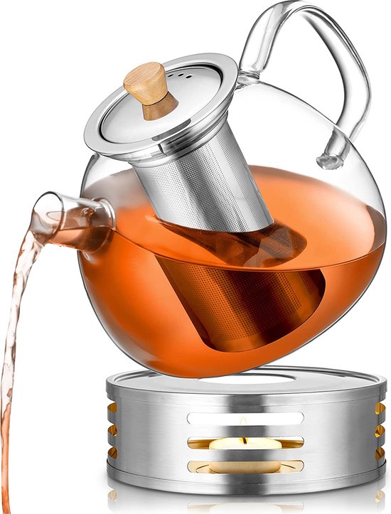 Deleca Glazen Theepot met Filter en Theelicht Warmhouder Set - Borosilicaat Glas - RVS Zeef - Kerst Cadeau - Voor Losse Thee / Theebloemen - 1.5L