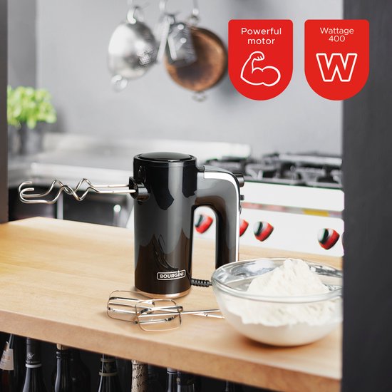 Bourgini Retro Handmixer - 5 snelheden en turbofunctie - RVS deeghaken en gardes - Zwart