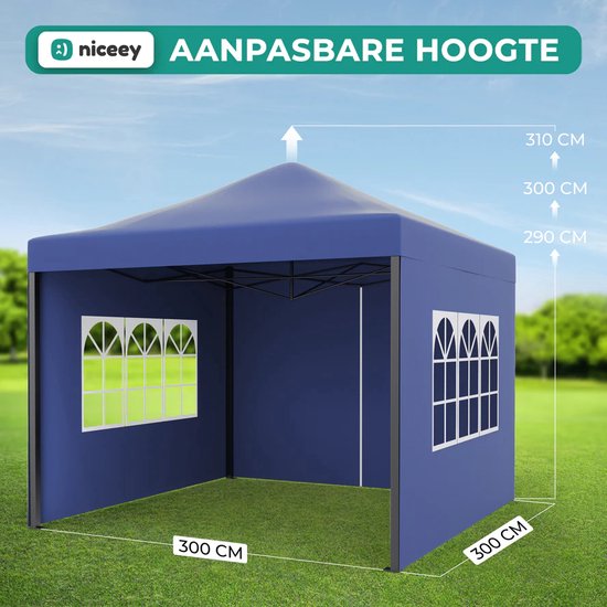 Niceey Partytent - EasyUp - Opvouwbaar - Waterdicht - Met Draagtas met wielen - 300 x 300 cm - Donkerblauw