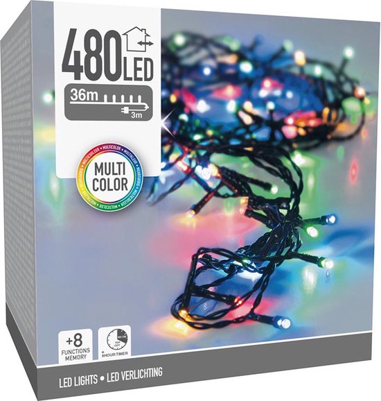 Kerstverlichting 480 led- 36m - multicolor - Timer - Lichtfuncties - Geheugen - Buiten -Binnen-IP44 stekker