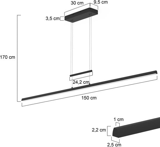 Hanglamp Profilo 3318ZW Zwart 150 cm breed Hoogteinstelbaar van Steinhauer van metaal, kunststof en elektronica