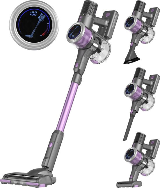 Auronic Steelstofzuiger - Draadloos - Zelfstaande Stofzuiger - Zonder Zak - 350W - Vacuum Cleaner - Grijs/Paars