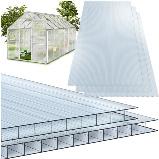 tectake® - Set van 10 Polycarbonaat Platen - Stevige lichtdoorlatende, UV-Bestendige dubbelwandige platen - 121 x 60,5 cm - 7,32m² totaal - Transparant - Broeikas plaat - 4 mm dik
