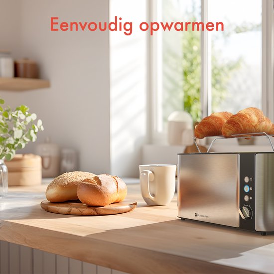 KitchenBrothers Broodrooster - Toaster - 6 Warmteniveaus - 2 Extra Lange Sleuven - 1520W - RVS/Zwart