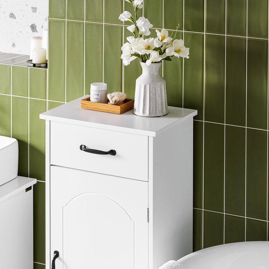 SoBuy Badkamermeubel, kleine opbergkast met lade, badkamerzuil van hout, toiletkast, vochtbestendig, wit, 42 x 30 x 93 cm, BZR207-W