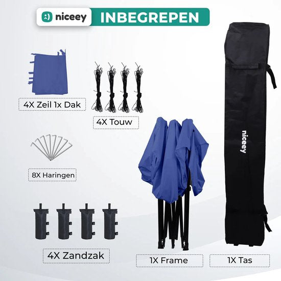 Niceey Partytent - EasyUp - Opvouwbaar - Waterdicht - Met Draagtas met wielen - 300 x 300 cm - Donkerblauw