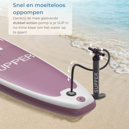 Supper Sup Board XL - Max. 220KG - Opblaasbaar – Paddle Board – Waterdicht Telefoonhoesje – Pomp – Vin – Leash – Draagtas – 335 x 81 cm - Roze