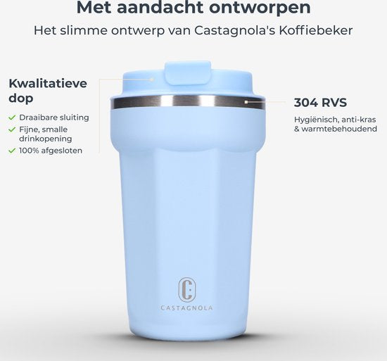 Castagnola Thermosbeker - Koffiebeker To Go - Travel Mug voor Koffie en Thee - Theebeker - 380 ML - RVS - Lichtblauw - Octagon
