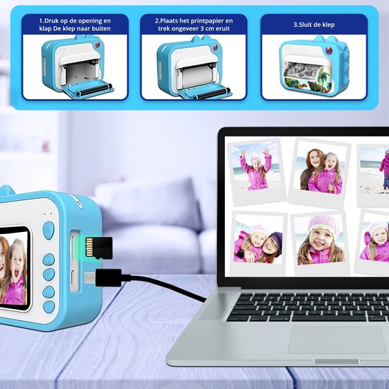 K&L® 3 IN 1 Digitale Kindercamera + Instant print + speelcamera - 32GB micro sd kaart - camera kinderen - Vlogcamera met games - Fototoestel voor Kinderen - Klein Formaat Speelgoed - Met videofunctie - Blauw
