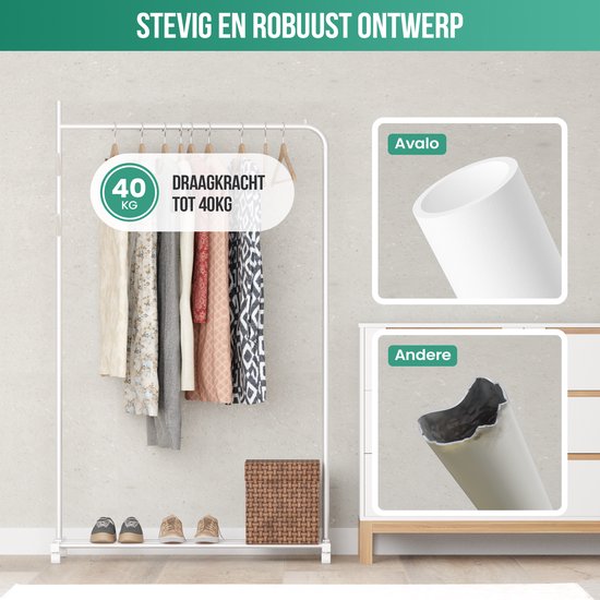 Avalo Kledingrek op Wieltjes Wit - Metaal - 100x40x156 - Opbergruimte Voor Schoenen