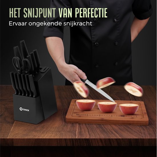 COOCK - Messenset met Blok en Vouwbare Snijplank – Keukenmessen - Schaar - Aanzetstaal (Messenslijper) – 15-Delige Keukengerei Set in Messenblok - Met Krasbestendige Coating - RVS/Zwart