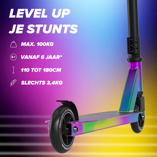 LifeGoods Stuntstep Fly Pro - 6+ Jaar - Step voor Kinderen - Jongens/Meisjes - 100mm - 100KG - Regenboog