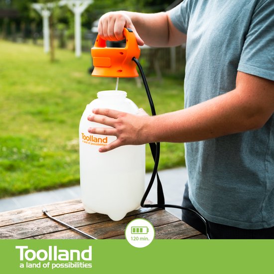 Toolland Drukspuit, elektrisch, herlaadbare batterij, telescopische lans, regelbare sproeikop, schouderriem, 8 liter, wit/oranje/zwart