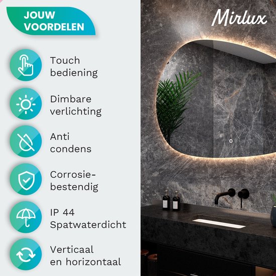 Mirlux Badkamerspiegel met LED Verlichting – Asymmetrisch - Organisch Wandspiegels – Anti Condens Douchespiegel - Wandspiegel 150x93CM