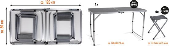 Camp Active Campingtafelset - Campingtafel met 4 Krukjes - Inklapbaar - Lichtgewicht - Compact - Stevig - Grijs