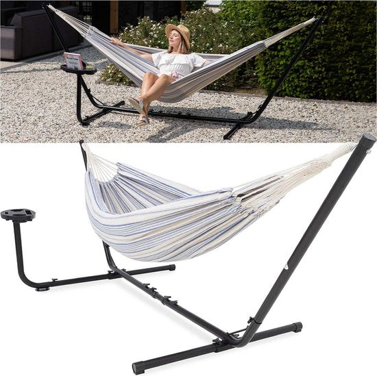 Vita5 Hangmat met Standaard – 2 Persoons – Incl. Bekerhouder – 205kg Draaggewicht – Blauw/Wit