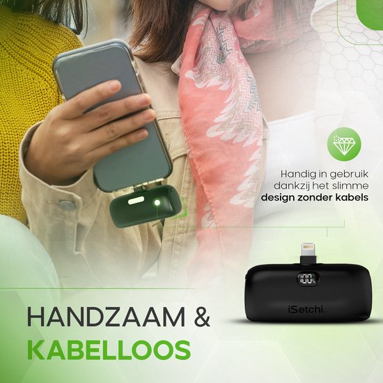 iSetchi Mini Powerbank 5000 mah - Compact formaat - Externe Batterij - Geïntegreerde Kabel - Noodpakket - Lightning Kabel - LED-Display - Geschikt voor iPhone - Zwart
