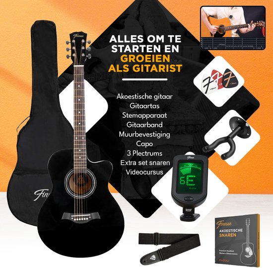Finesse Akoestische Gitaar - met Videocursus - 4/4 40" - Western Gitaar - Gitaar Kind & Volwassenen - Zwart
