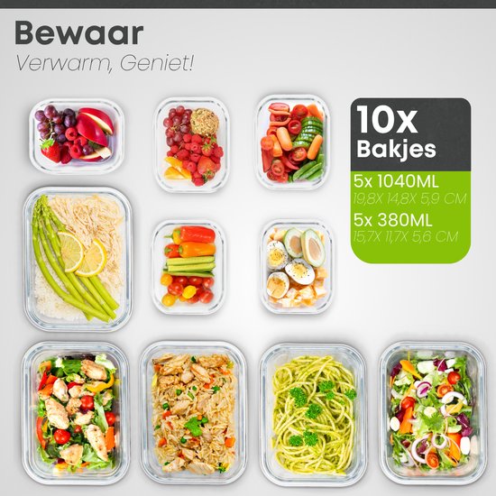 Savoré Kitchen Vershoudbakjes Set - met Stoom Deksel - Meal Prep Bakjes - Diepvriesbakjes Glas - Luchtdicht - 10 Stuks - 1040 & 380 ML